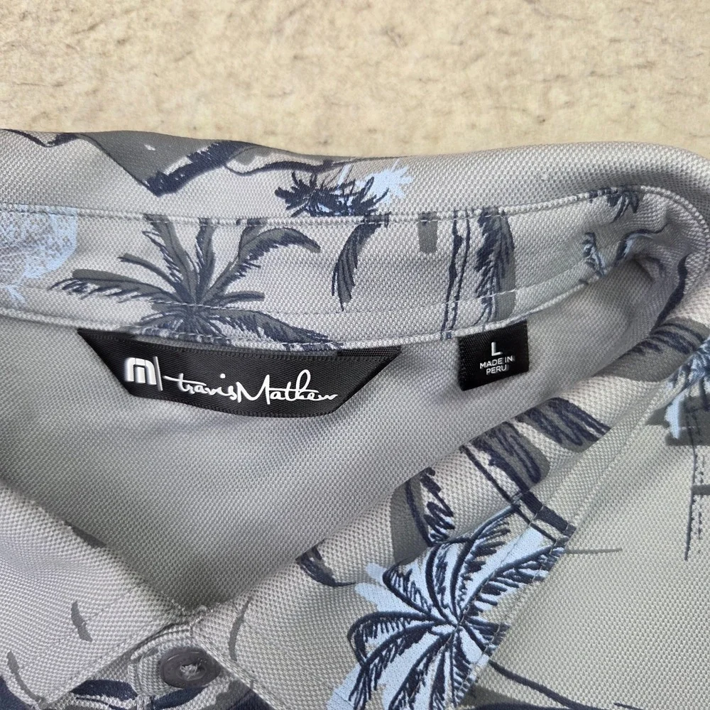 Travis Mathew Golf Polo Shirt Mens L Gray Traopical Palm Trees Short Sleeve